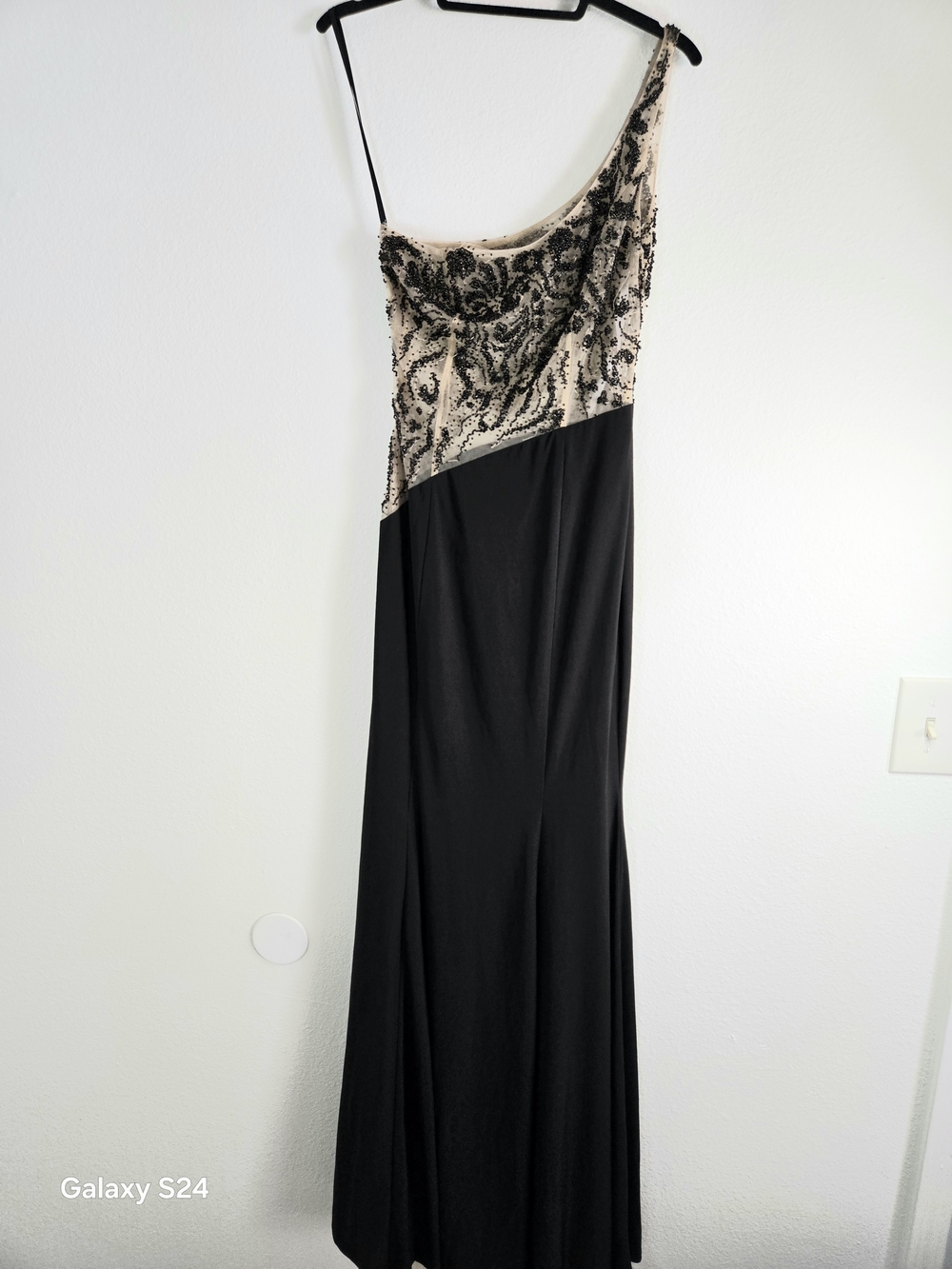 Xcite Prom Black and Beige One-Shoulder Sequin Evening Gown